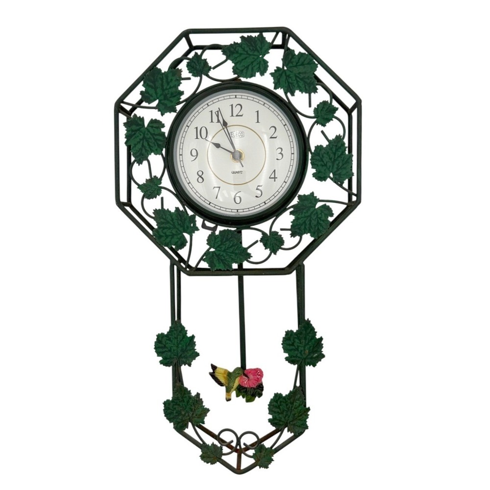 Vintage Eleco Quartz Ivy Vine Hummingbird Pendulum Metal Cottage Wall Clock